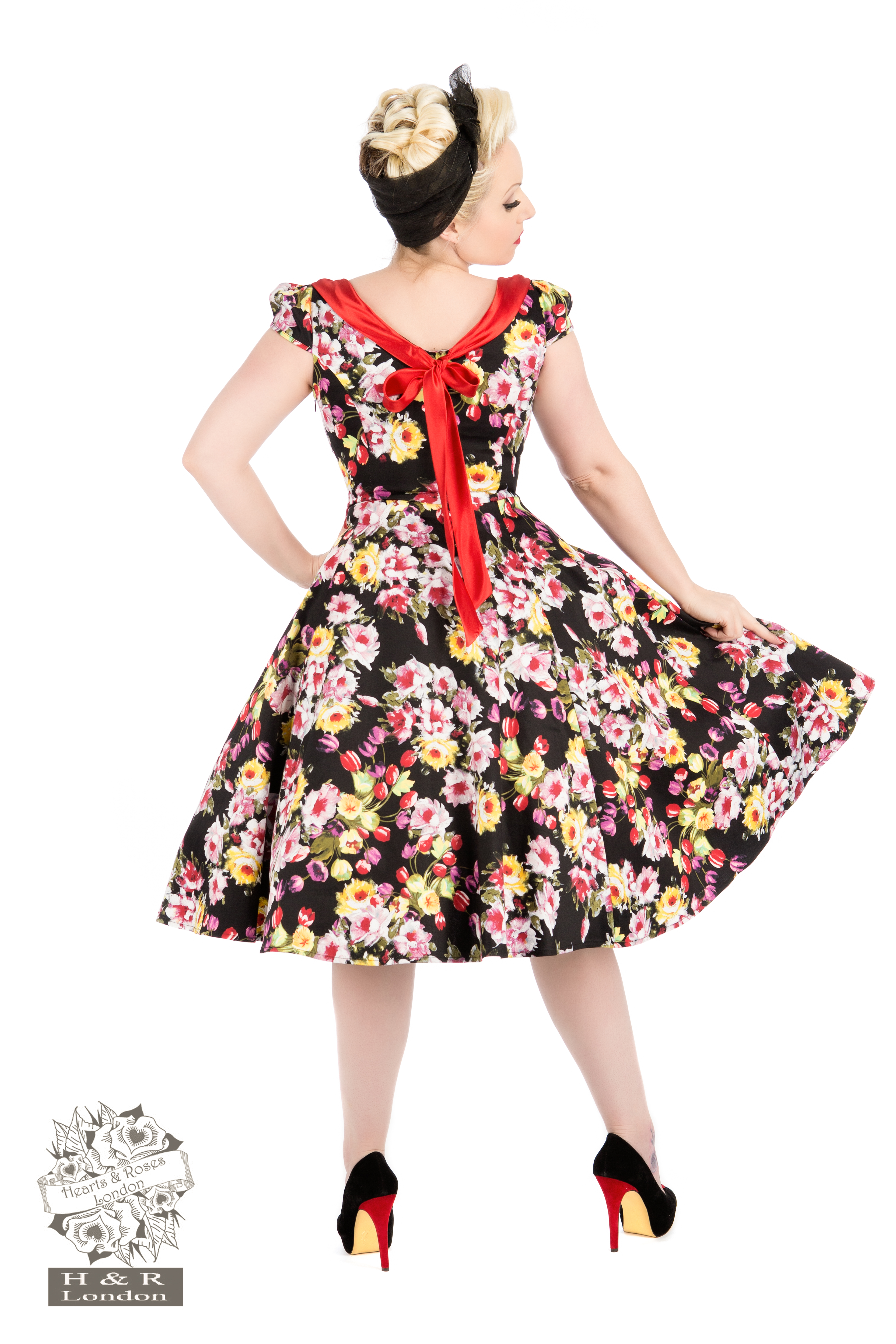 Black Floral Vintage 50s Prom Swing Flared Dress